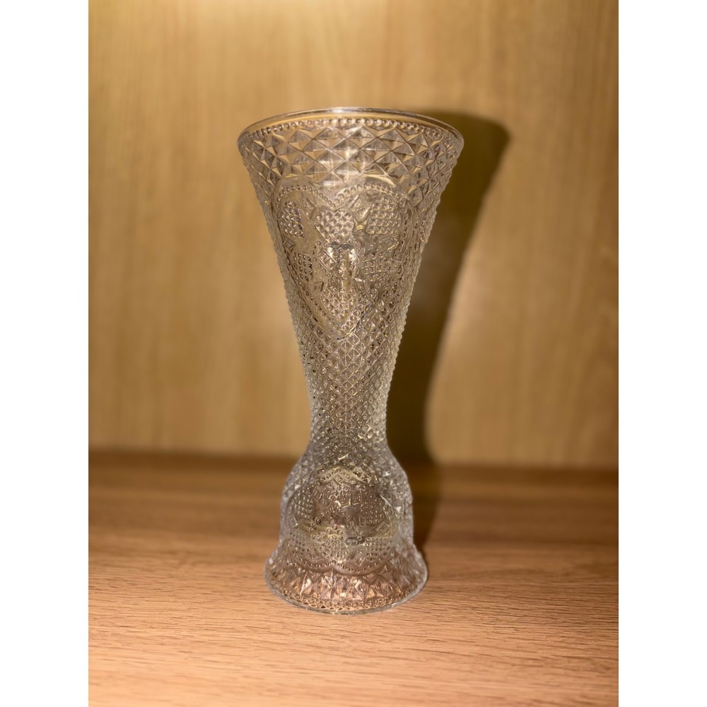 Vintage Clear Pressed Glass Bud Vase Diamond Point Heart Pattern Pedestal 7.25in